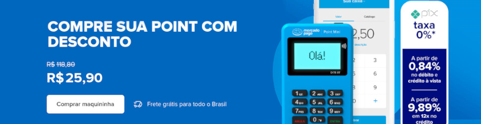 Oi! � Estou te dando 84% de desconto para comprar sua maquininha Point Mini NFC 2. Aproveite esse desconto e garanta taxas promocionais a partir de 0,84% no crédito à vista e 9,89% no crédito parcelado em 12x.